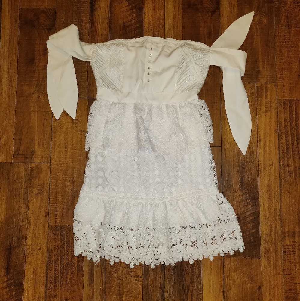 White crochet dress off shoulder bow tie large